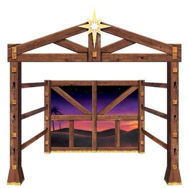 Imagem de Beistle Suporte para foto de presépio em pé grande cenário de manjedoura de papelão ondulado com estrela, decoração de Natal bíblica interna, 8,9 cm x 2,5 m, multicolorido