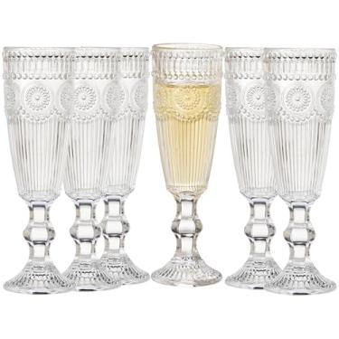 Imagem de XKXKKE 6 peças de taças de champanhe de vidro de 142 g, taças de vinho espumante de vidro colorido em relevo de flor vintage para champanhe, cava, prosecco, festa, casamento, bar, conjunto de 6 copos