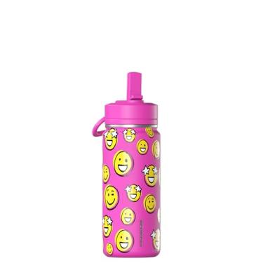 Imagem de Hydrapeak Mini garrafa de água divertida de 590 ml com tampa de palha, garrafa de água isolada de parede dupla de aço inoxidável, garrafa de água à prova de vazamento e derramamento, Smile Fúcsia