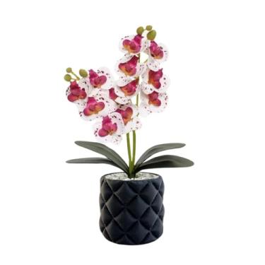 Imagem de Vaso Decorativo com Orquídea Artificial 30cm Premium (Vaso Preto/Orquidea Branco e Roxo)
