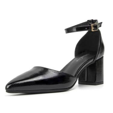 Imagem de qibusleen Sandália feminina fechada de bico fino, salto baixo, tira no tornozelo, salto grosso, sapatos de camurça para festas, casamentos, elegantes, confortáveis, de couro de camurça, sapatos de 6