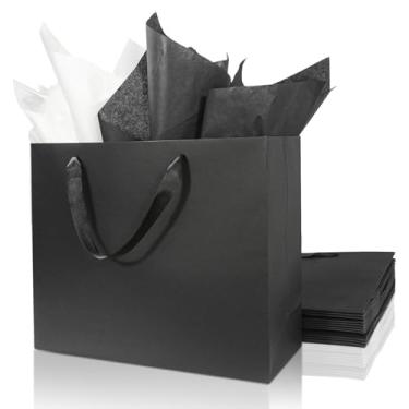 Imagem de Pacote com 3 sacos de presente pretos extragrandes 37 x 13 x 30 cm com papéis de seda, sacos de compras kraft com alças, conjunto de sacos de embalagem de varejo para todas as ocasiões