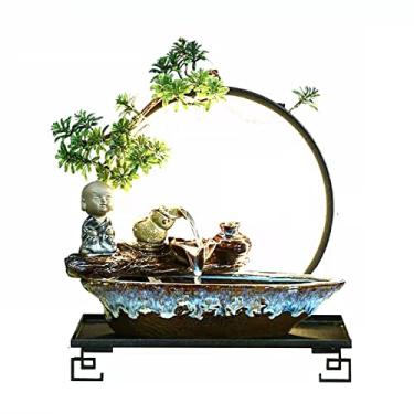 Imagem de Fonte de mesa para relaxamento interno fonte de mesa cachoeira fonte de água de mesa de cerâmica com base de metal preto e luz LED interior Zen desktop relaxante recurso de água interior spa decoração