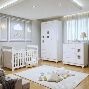 Imagem de Quarto de Bebê Completo com Guarda-Roupa Berço e Cômoda Bibi Branco - 