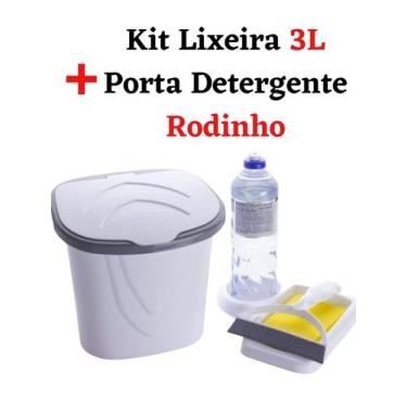 Imagem de Kit Lixeira 3L Porta Detergente raso de Pia e Rodinho Puxador Fino - n