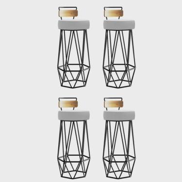 Imagem de Kit 04 Banqueta Com Encosto Botti Hexágono Cozinha Peroba Rosa Ferro Preto Suede Branco - Ahz Móveis