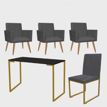 Imagem de Kit Escritório Stan 3 Poltronas com Cadeira e Mesa Industrial Tampo Preto Dourado Corino Cinza - Ahz Móveis