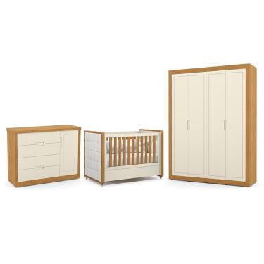 Imagem de Dormitório Tutto New 4 Portas, Cômoda 1 Porta e Berço com Capitonê - Matic Móveis Off White/Freijó
