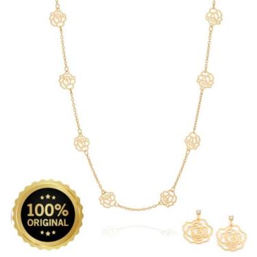 Imagem de Presente Dias Das Mães Colar + Brincos Rosas Vazadas Banhados A Ouro 1