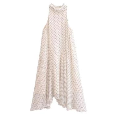 Imagem de Vestido feminino com estampa de bolinhas, gola redonda, sem mangas, com cadarço, saia midi casual, Bolinhas, G