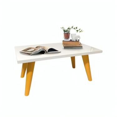 Imagem de Mesa De Centro 50cm Retangular Modernic Com Pés Palito Plástico PVC Retro Decoração Sala De Estar (Branco/Caramelo)