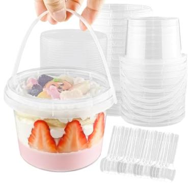 Imagem de Qsqwsuye Conjunto De 20 Copos Descartáveis Para Gelatina 16 Oz Com Tampas E Colheres, Alças Portáteis, Plástico Transparente Festas Ao Ar Livre, Embalagem Frutas/Sobremesas/Parfait/Sorvete/Pudim/Bol