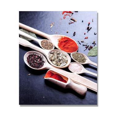 Imagem de Arte de parede colorida em tela para especiarias e colher de tempero | Decoração de cozinha vintage | Arte moderna para casa e sala de jantar (especiarias mistas 01). 40 x 48 cm - 15,7 x 18,9 pol. Sem