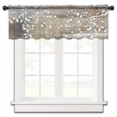 Imagem de Cortina transparente de grão de madeira marrom para janelas de cozinha, silhueta de ramo branco, estilo casa de fazenda, tratamentos de janela de chiffon, bolso para varão, saia curta para sala de