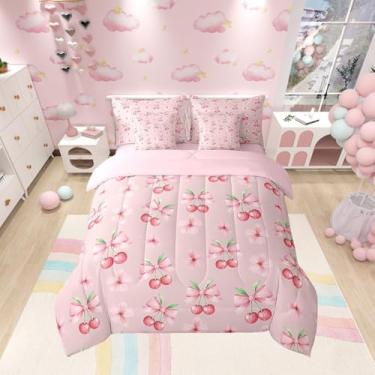 Imagem de Manfei Jogo de cama Queen com 7 peças, laço e cereja, flor rosa, kawaii, laço e patchwork, lençol com elástico, lençol de cima e fronhas, decoração de quarto de crianças