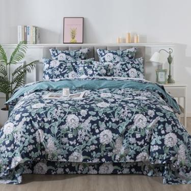 Imagem de FADFAY Conjunto de capa de edredom floral, tamanho casal, 100% algodão, estampa de rosas e flores, azul, vintage, rosa, para todas as estações, capa de cama macia e reversível, 3 peças