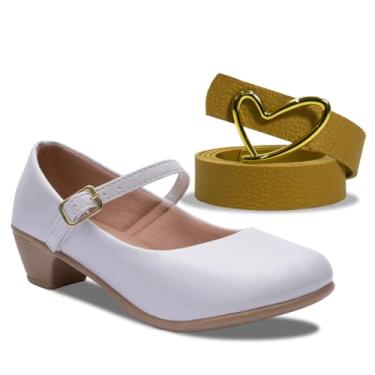 Imagem de Kit Cinto E Sapatilha Salto Feminino Infantil Sapato K43 (Sapatilha Salto Branco com Cinto Caramelo, BR, Criança de 9 a 12 anos, Numérico, 34)