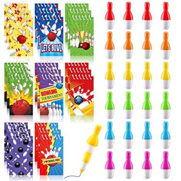 Imagem de 24 peças de mini blocos de notas esportivos e 24 peças de caneta esferográfica de boliche lembrancinhas de festa de boliche para crianças, blocos de notas espirais de boliche, caderno fofo de desenho animado, caneta esferográfica retrátil para estudantes, professores, escritório, escola e recompensa