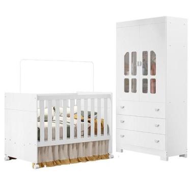 Imagem de Berço Americano e Guarda Roupa Infantil Katatau Branco Acetinado  Rell