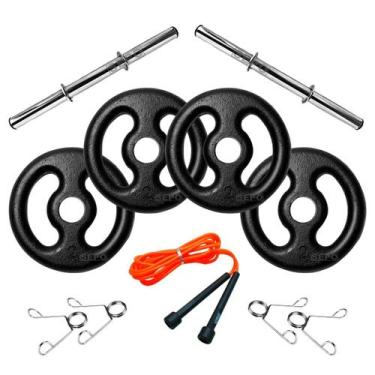 Imagem de Kit Musculação 8Kg em Anilhas de Ferro com Barras 40cm e Corda de Pula