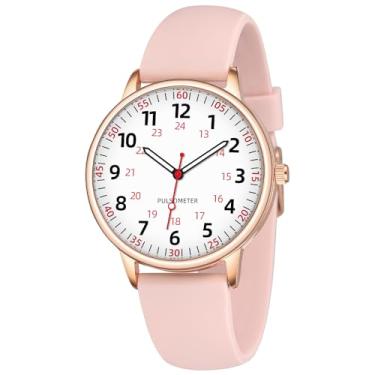 Imagem de TWOPTION Relógio feminino analógico de silicone à prova d'água com relógio de enfermagem de segunda mão, Ouro rosa