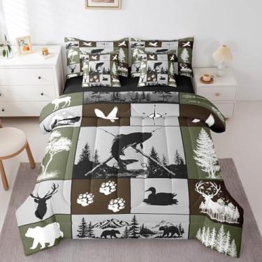 Imagem de Feelyou Jogo de cama solteiro com tema de caça de peixe lúcio grande, 7 peças, para meninos, adolescentes, crianças, caçador, veado, pato e pesca, com lençol xadrez, rústico, para decoração de casa