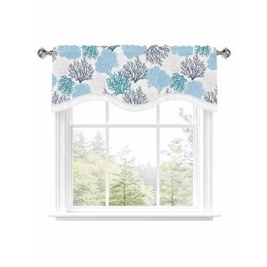 Imagem de Saia abstrata de textura coral para janelas com bolso de varão 45,7 cm de comprimento para cozinha, sanefa de verão, azul oceano, para quarto, sala de estar, 137 cm L x 45,7 cm C com borla, 1 painel
