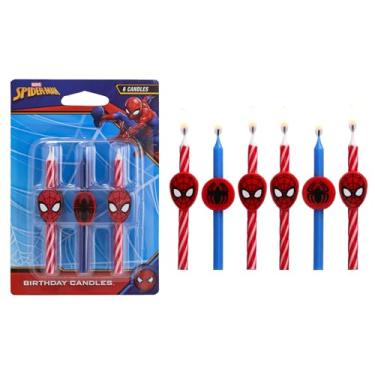 Imagem de Velas de bolo de aniversário Marvel's Spider-Man™ | 6 velas de aniversário para decoração de bolos, velas vermelhas e azuis, topos de bolo para festa do Homem-Aranha