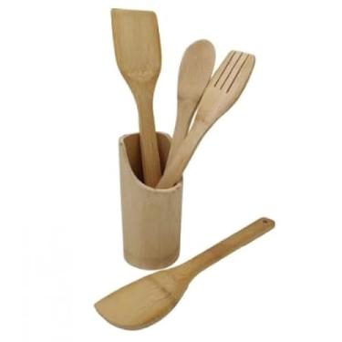 Imagem de Kit Utens?lios de Cozinha em Bambu 5 Pe?as, Colher, Esp?tula e Acess?rios, 32x15cm, Pr?tico, Resistente e Sustent?vel