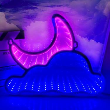 Imagem de jXIN Letreiro De Neon Led Infinito - Design Nuvem E Lua, Decoração Parede Com Alimentação Usb Para Quarto/Sala Jogos, 30 Cm X 23 Cm, Infantil, Azul Rosa
