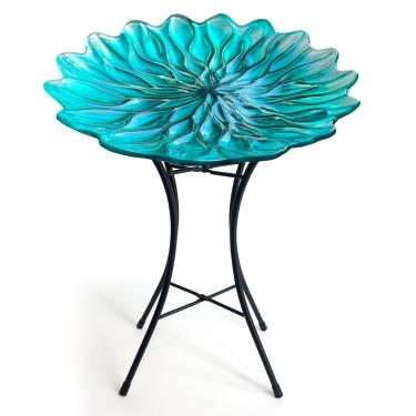 Imagem de HONGLAND Banheira de pássaros para banhos externos para pássaros ao ar livre - tigela grande de vidro para banhos de pássaros com suporte de metal para decoração de jardim e pátio - verde