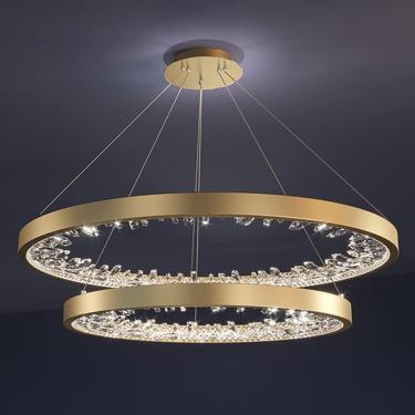 Imagem de 2 anel lustre moderno lustre de cristal luminárias de ouro diminuem o teto de ouro pendurado fazenda de penduramento circular redondo circular preto lustre para sala de estar para quarto de
