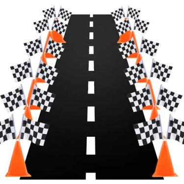Imagem de YOELVN Cones de Trânsito de Corrida Laranja de 7" Decoração de Festa com Bandeiras Quadriculadas de Corrida, Cones de Plástico de Treinamento Esportivo de Segurança de 28 cm com Bandeiras de Corrida, Suprimentos de Festa de Aniversário de Carro de Corrida