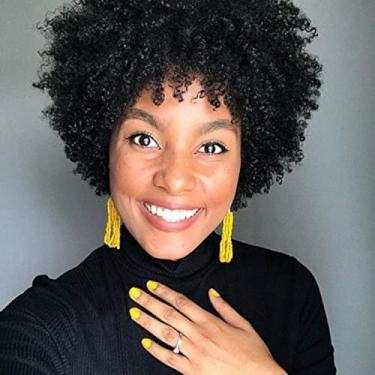 Imagem de Luxclipse Perucas curtas de cabelo humano afro encaracolado preto para mulheres negras, sem cola, respirável, sem tampa, aparência natural