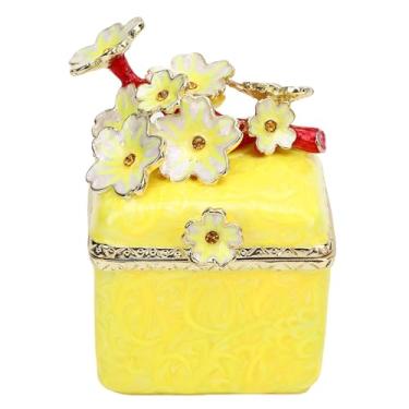 Imagem de AYNEFY Caixa De Jóias De Metal Vintage, Pintado à Mão Padrão De Borboleta Flor Rosa Caixa De Jóias Metal Exquisite Estilo Antigo Caso De Jóias Anel Colar Lembrança Caso Home Decor (Amarelo)