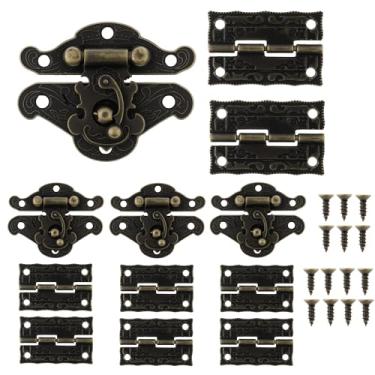 Imagem de HOJLKLD Dobradiças e ganchos para caixa de joias retrô, 4 travas antigas e 8 peças de dobradiça de bronze vintage com kit de parafusos correspondentes para gabinete decorativo pequeno projeto de caixa