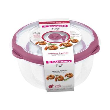 Imagem de Kit 3 Potes Plásticos Redondos Herméticos Açaí 290ml, 1,1L, 3,2L Flor 