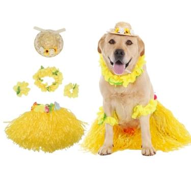 Imagem de MuYaoPet 5 peças vestido de saia de grama havaiana com chapéu de sol, fantasia de Halloween, vestido de festa de verão luau para cães médios e grandes, médio