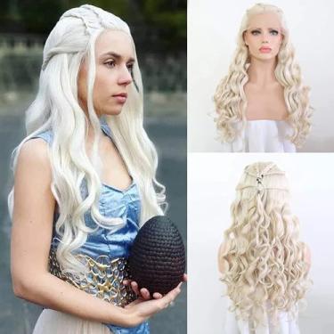 Imagem de Peruca RDY Daenerys Targaryen de 66 cm semelhante à trançada, peruca loira, ondulada, sintética, lace frontal, com seis tranças, sem cola, metade amarrada à mão, 150% de densidade