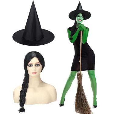 Imagem de Mepase 2 Pcs Halloween Green Witch Costume Black Long Hair Wig and Black Witch Hat for Movie Halloween Adult Women Cosplay