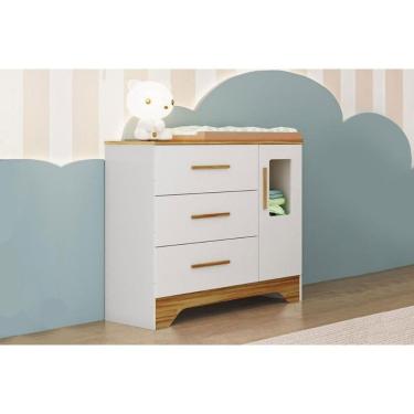Imagem de Cômoda Bebê Popy c/ 1 Porta Cristal e 3 Gavetas Branco/Amendoa - Peroba