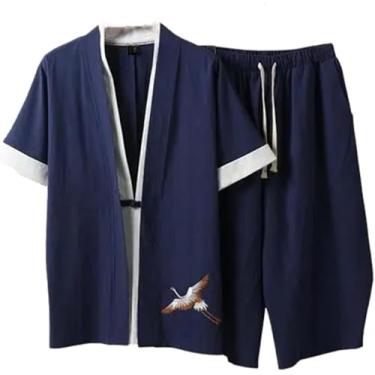 Imagem de Pijama Masculino De 2 Peças Terno De Verão Camisola De Algodão Pijama De Manga Curta Shorts Pjs Conjunto Com Bolsos, Blue, 4XL