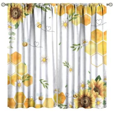 Imagem de Cortinas de girassol de abelha, primavera vibrante, boho, minimalista, dourado, padrão de favo de mel, tratamentos de janela, blackout para sala de estar, quarto, cozinha, banheiro, 107 x 114 cm