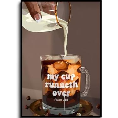 Imagem de Arte de parede Ice Coffee My Cup Runneth Over Quote Poster Mulheres Negras Impressões Inspiradoras Cristãs Bíblia Tela Decoração de Parede Menina Negra para Café Cozinha Bar Sala de Jantar 30 x 40 cm