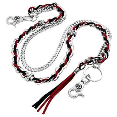 Imagem de Uniqsum — Cordão vermelho preto com cruz maltesa para motociclista chaveiro punk, Prata, Long