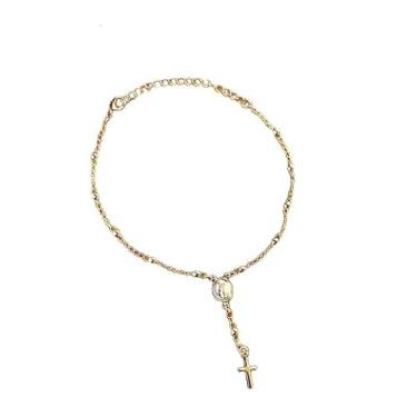 Imagem de Pulseira Estilo Terço Pingente de Cruz Bolinhas e Medalha Folheado Ouro 18K Softjoias