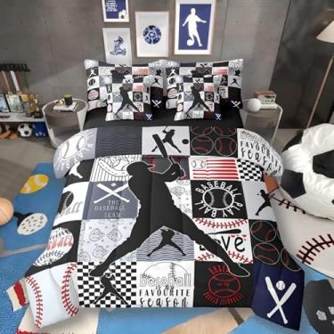 Imagem de Jogo de cama queen de beisebol para meninos, 7 peças, conjunto de edredom e lençol com bola esportiva, jogos de taco de beisebol, jogador europeu de softball, decoração de quarto de fã de softball