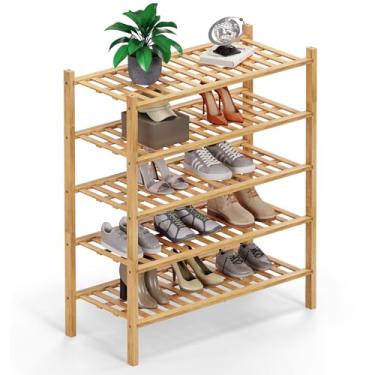 Imagem de Haddockway Organizador de armazenamento de sapatos de bambu de 5 níveis, prateleira empilhável multifuncional com painel de grade para armário, corredor, entrada, espaço pequeno 68 x 28 x 81 cm
