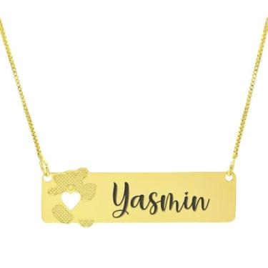 Imagem de Colar Personalizado Ursinho Coração Vazado Gravação Yasmin Banhado Ouro 18K - 999012482