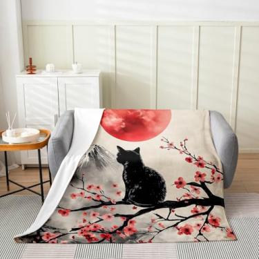 Imagem de Cobertor de flanela infantil de gato preto, cobertor de lã de animal de estimação Ukiyo-e flor de cerejeira vermelho para meninos e meninas, paisagem japonesa, cobertor felpudo cinza, tamanho solteiro